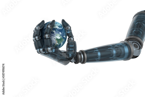 Digital image of cyborg hand holding planet