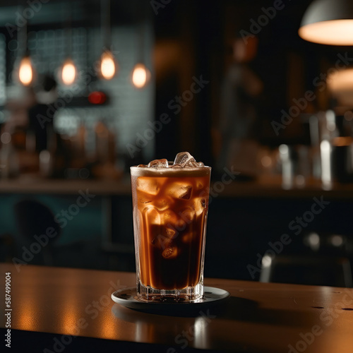A refreshing iced coffee, captured in a stunningly cinematic shot that highlights its crispness and clarity, perfectly illuminated by accent lighting.