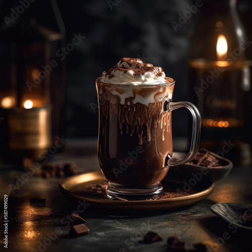 A rich and indulgent mocha latte, captured in a stunningly cinematic shot that reveals the depth and complexity of its chocolatey flavor, perfectly illuminated by accent lighting.