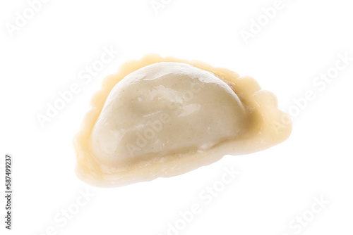 One dumpling (varenyk) with tasty filling isolated on white