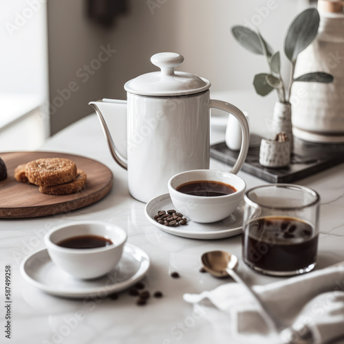 A simple yet elegant coffee set up with a classic French press and white ceramic mug. The clean  white background highlights the deep  rich hues of the coffee