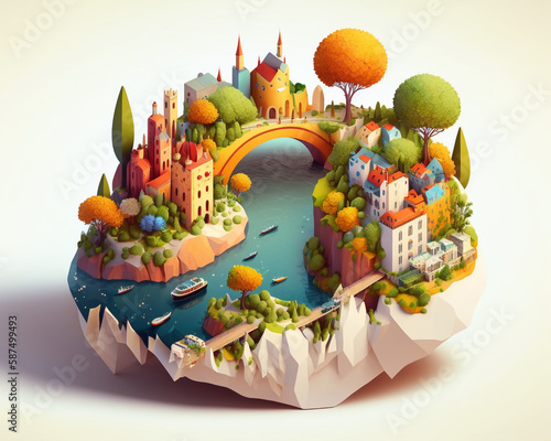 Ai diorama 3d colorful digital art of a port city with low poly cute houses on a lake, bridge. Isometric art with garden, high detail cartoon style vignette for modern design and gaming, isolated.