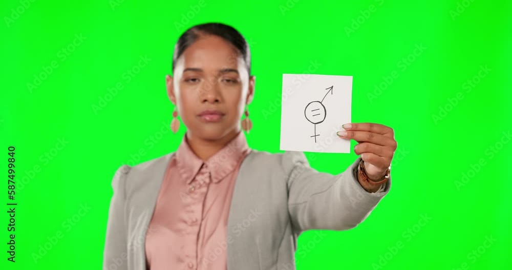 Gender equality, green screen and serious woman in business, protest with poster or icon for equal pay. Mockup, female empowerment and equity in studio, professional fair opportunity and card in hand Gender equality, green screen and serious woman in business, protest with poster or icon for equal pay. Mockup, female empowerment and equity in studio, professional fair opportunity and card in hand