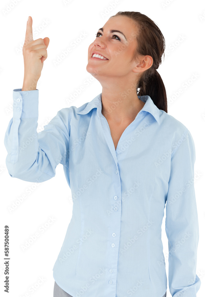 Smiling businesswoman looking and pointing upwards Smiling businesswoman looking and pointing upwards