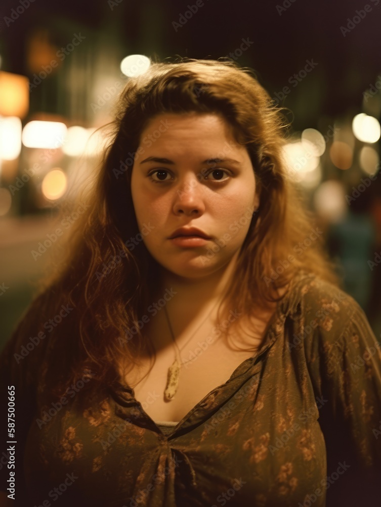 young woman in a Latin american city street at night looking at the camera . Generative AI young woman in a Latin american city street at night looking at the camera . Generative AI