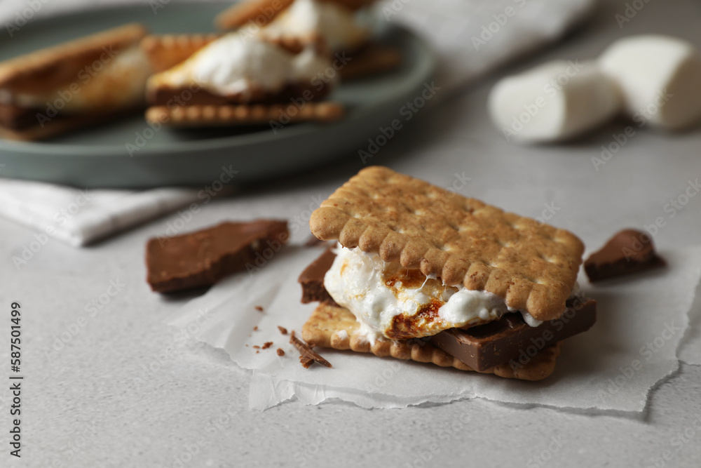 Delicious marshmallow sandwiches with crackers and chocolate on light grey table, closeup Delicious marshmallow sandwiches with crackers and chocolate on light grey table, closeup