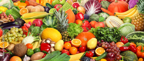 Assortment of fresh vegetables and fruits as background, banner design