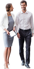 Business colleagues using digital tablet while walking 