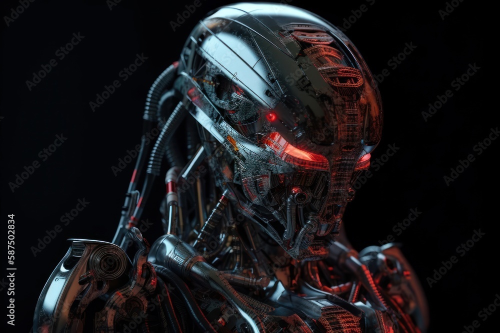 Fototapeta premium Red Female Robotic Creature On Black Background Generative AI