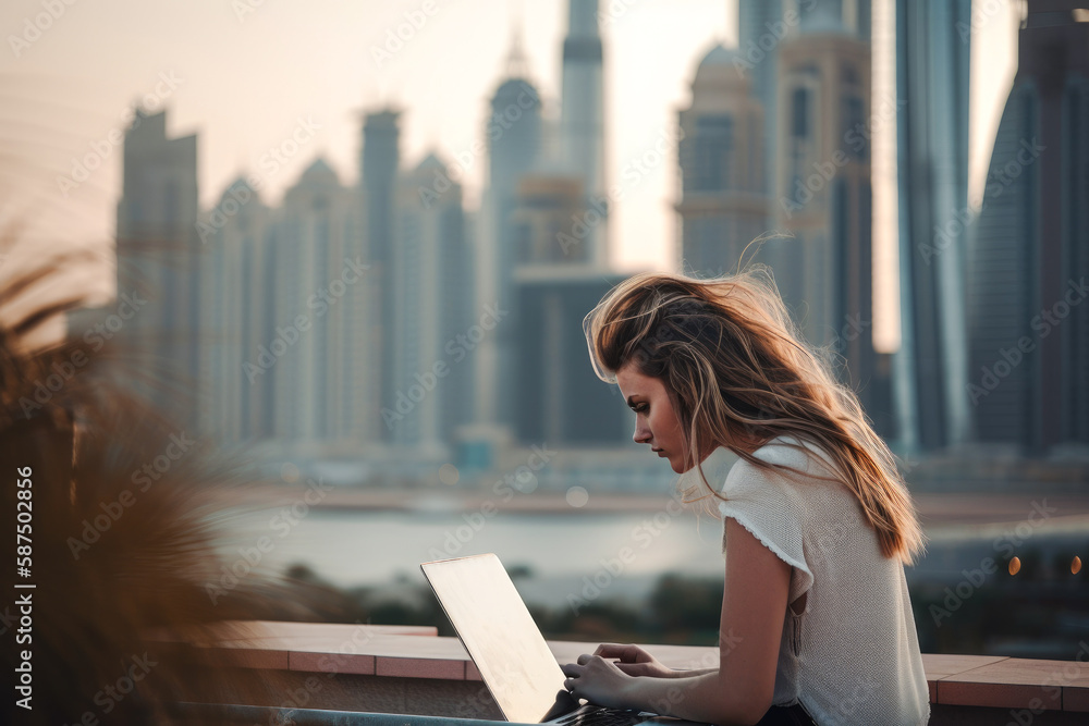 Fototapeta premium Young woman sitting in Dubai marina and doing work on laptop. Student or freelancer lifestyle. High quality generative ai