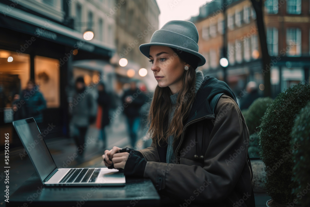 Young woman sitting in London and doing work on her laptop. Student or freelancer lifestyle. High quality generative ai Young woman sitting in London and doing work on her laptop. Student or freelancer lifestyle. High quality generative ai