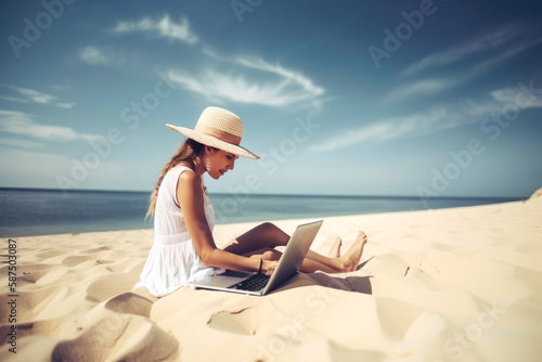 Attractive young woman with a hat, using laptop on a beautiful tropical sandy beach. Technology, business, people and leisure concept. High quality generative ai