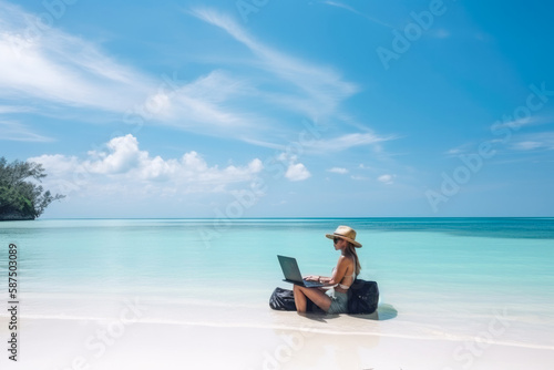 Attractive young woman with a hat, using laptop on a beautiful tropical sandy beach. Technology, business, people and leisure concept. High quality generative ai