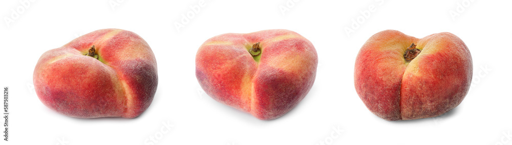 Three tasty flat peaches on white background Three tasty flat peaches on white background