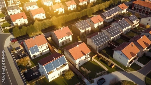  drone view of residential houses with photovoltaic solar. Created with generative AI.