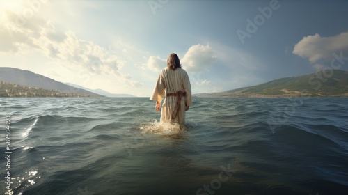jesus Christ walking on water on the sea of Galilee. Created with generative AI.