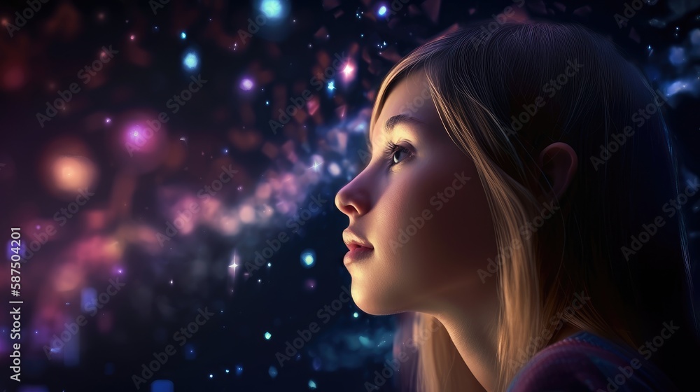 boy looking at night starry sky with glitter glow galaxy. Created with generative AI. boy looking at night starry sky with glitter glow galaxy. Created with generative AI.
