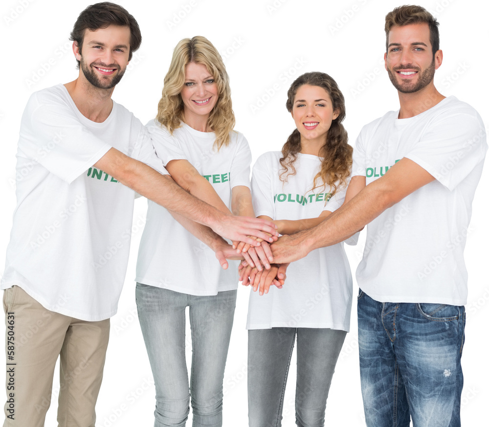 Group portrait of happy volunteers with hands together Group portrait of happy volunteers with hands together