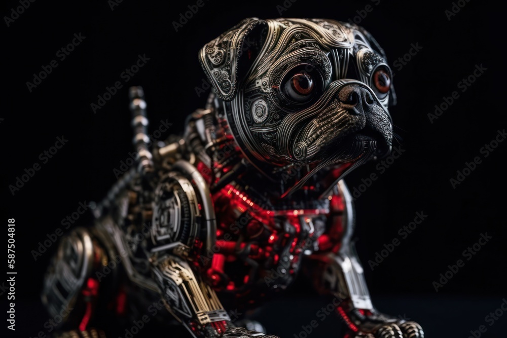 Red Pug Electronic Robotic Creature On Black Background Generative AI Red Pug Electronic Robotic Creature On Black Background Generative AI