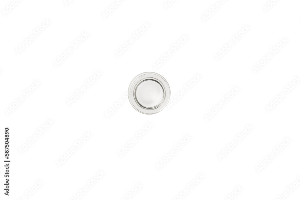 Empty small glass jar on a light background. View from above. isolated. PNG. Empty small glass jar on a light background. View from above. isolated. PNG.