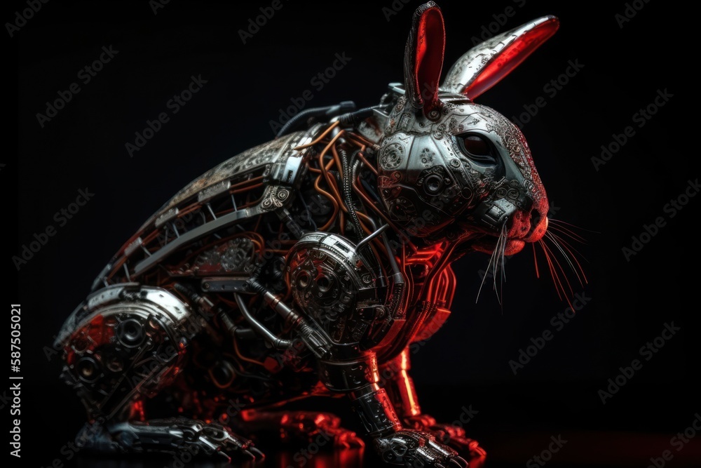 Fototapeta premium Red Rabbit Robot On Black Background Generative AI