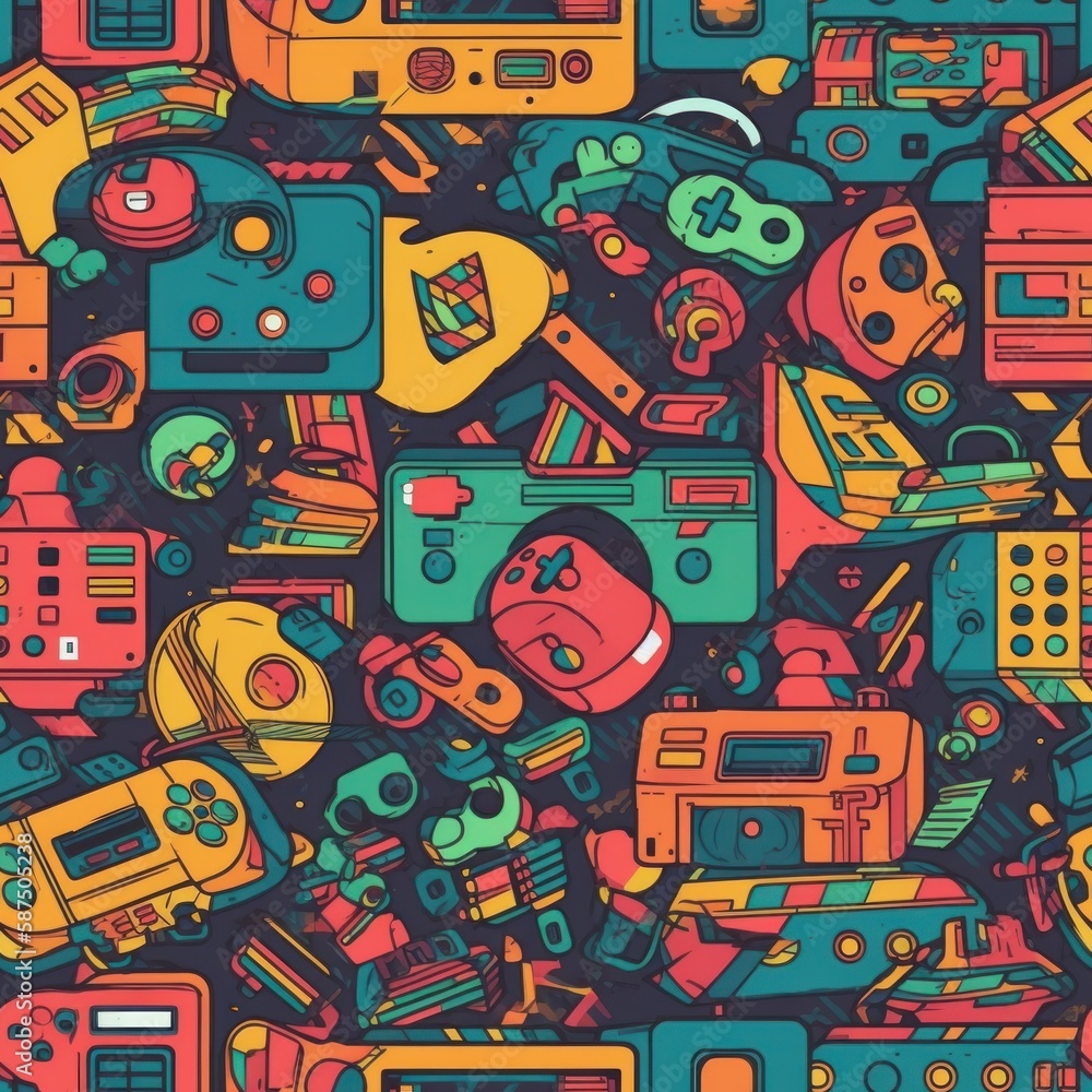 Obraz premium Seamless 80s Retro Pattern with Video Game Theme