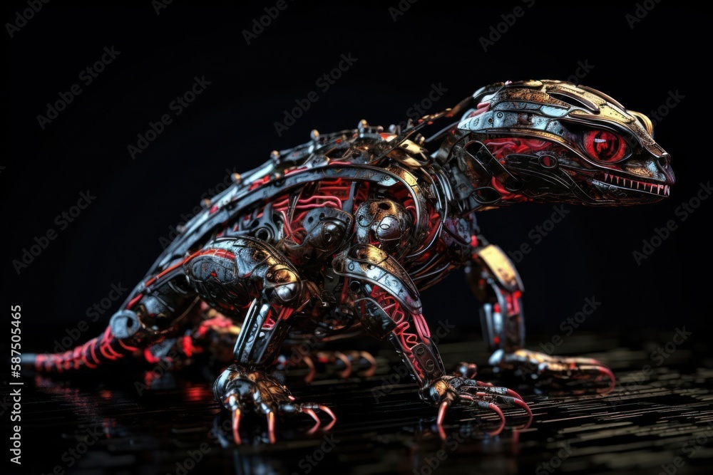 Red Salamander Cyber Robot On Black Background Generative AI