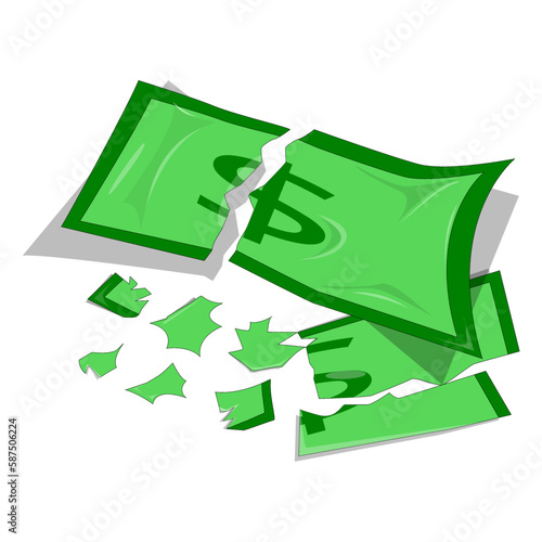 A vector of a bill torn into two parts and another bill torn into small pieces