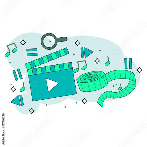 A flat illustration of a film prop surrounded with player button icons and scales