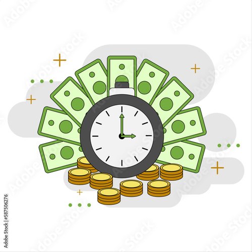 Black clock and some money. An illustration depicting time is money or time used is the same as making a lot of money