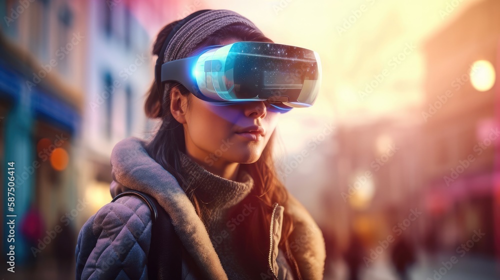 Woman with virtual reality headset. Created with Generative AI. Woman with virtual reality headset. Created with Generative AI.