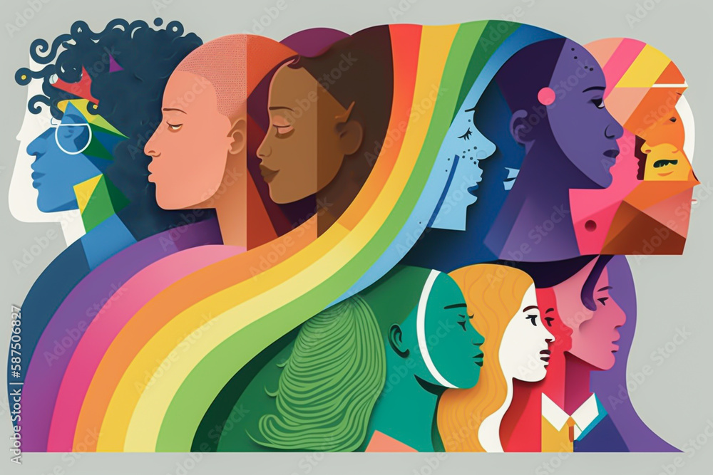 Conceptual Image of Diversity in Society, Diversity in Education or Educators Illustration. LGBT and LGBTQ rainbow in flat design. Fictional person and place. Made with Generative AI - obrazy, fototapety, plakaty 