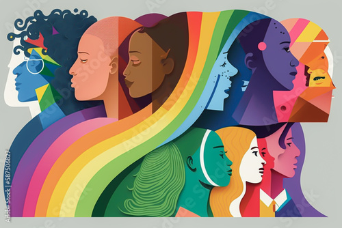 Conceptual Image of Diversity in Society, Diversity in Education or Educators Illustration. LGBT and LGBTQ rainbow in flat design. Fictional person and place. Made with Generative AI photo