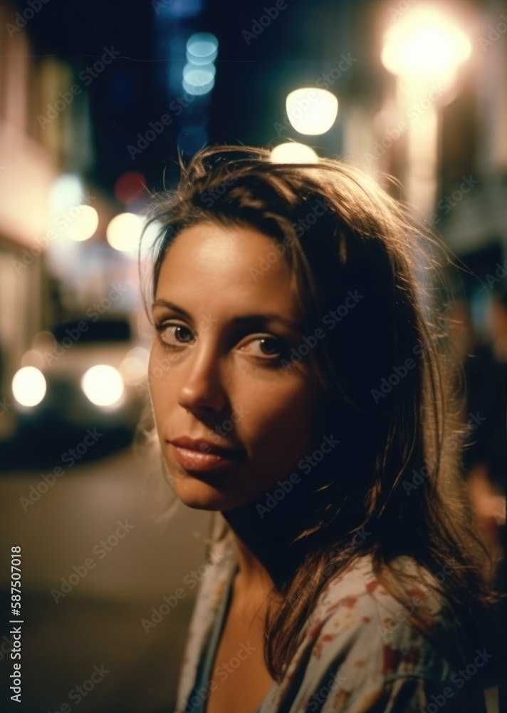 young woman in a Latin american city street at night looking at the camera . Generative AI young woman in a Latin american city street at night looking at the camera . Generative AI