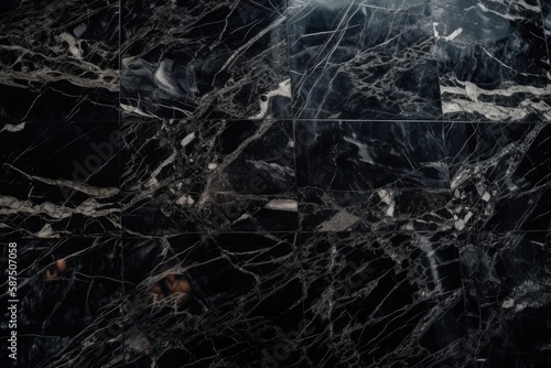 background of black marble. Countertops and wallpaper are both black Portoro marble. marble tiles on the floor and walls. Texture of black travertino marble. Granite is a natural stone. Generative AI