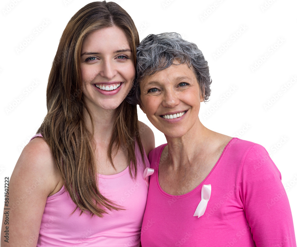 Smiling women in pink outfits posing for breast cancer awareness Stock ...