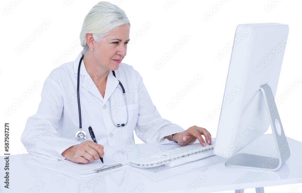 Female doctor using computer while writing on clipboard at desk Female doctor using computer while writing on clipboard at desk