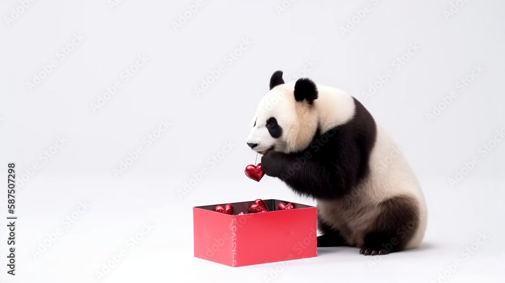 A cute adorable black and white panda with a box of chocolates, mothers day banner.