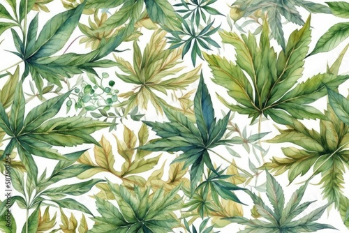 Watercolor Painting of Green Leaves on a White Background. Generative AI