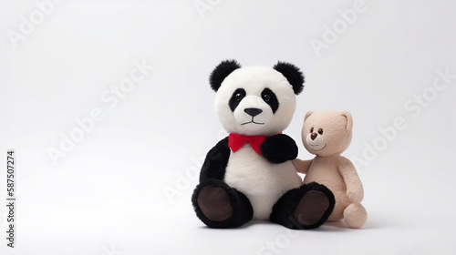 A cute adorable black and white panda holding a cute teddy bear, mothers day banner. © The animal shed 274