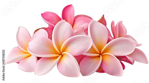 Illustration of beautiful Plumeria tropical flower blossoms in pink. Isolated. Created using Generative AI.