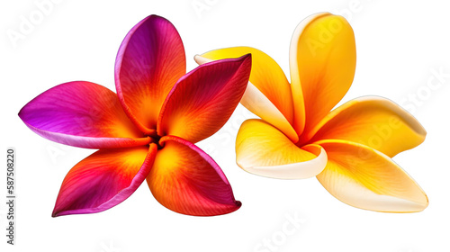 Illustration of beautiful Plumeria tropical flower blossoms in red and orange. Isolated. Created using Generative AI.