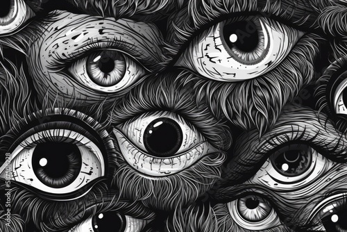 multiple eyes in black and white. Generative AI
