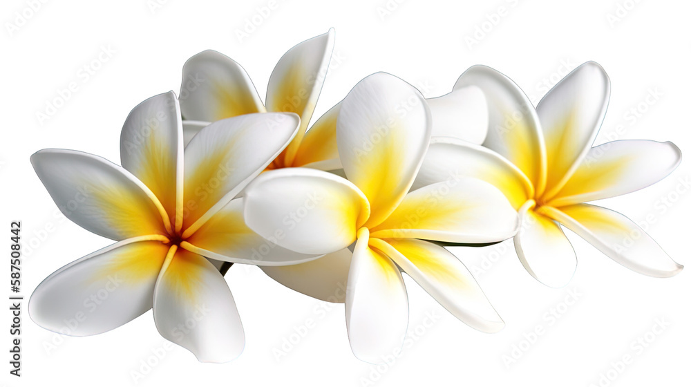 Illustration of beautiful Plumeria tropical flower blossoms in white. Isolated. Created using Generative AI. - obrazy, fototapety, plakaty 