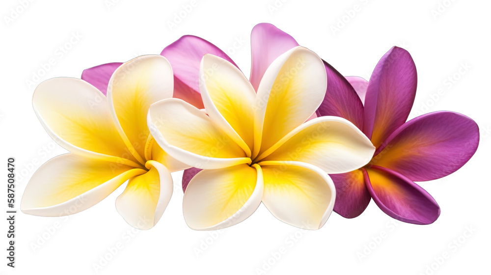 Illustration of beautiful Plumeria tropical flower blossoms in white and purple. Isolated. Created using Generative AI. - obrazy, fototapety, plakaty 