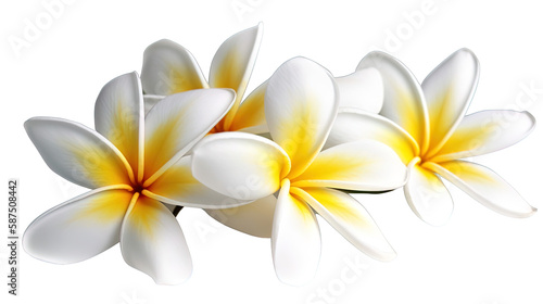 Illustration of beautiful Plumeria tropical flower blossoms in white. Isolated. Created using Generative AI.