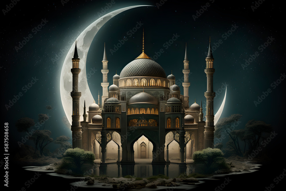 Fototapeta premium An Islamic mosque at night with a crescent moon behind the mosque, Generative ai