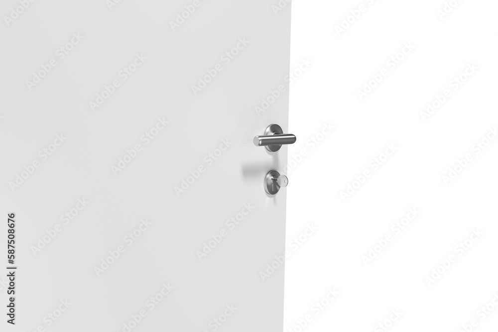 Naklejka premium Closeup of white door with metal doorknob and lock