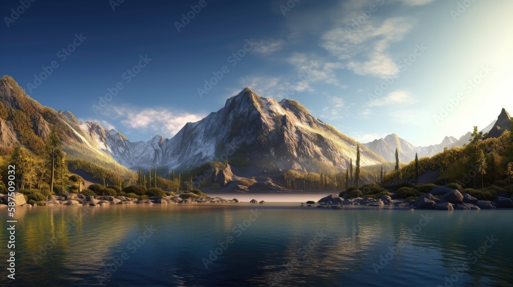Beautiful mountain and lake. Created with generative AI.
