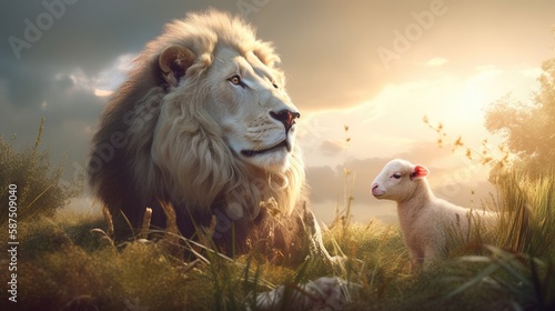 The Lion and the Lamb together. Created with generative AI. photo